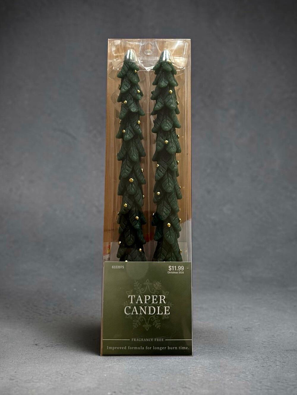 Hobby Lobby Christmas Tree Taper Candle 2-Pack 10in Green/Gold, Fragrance Free